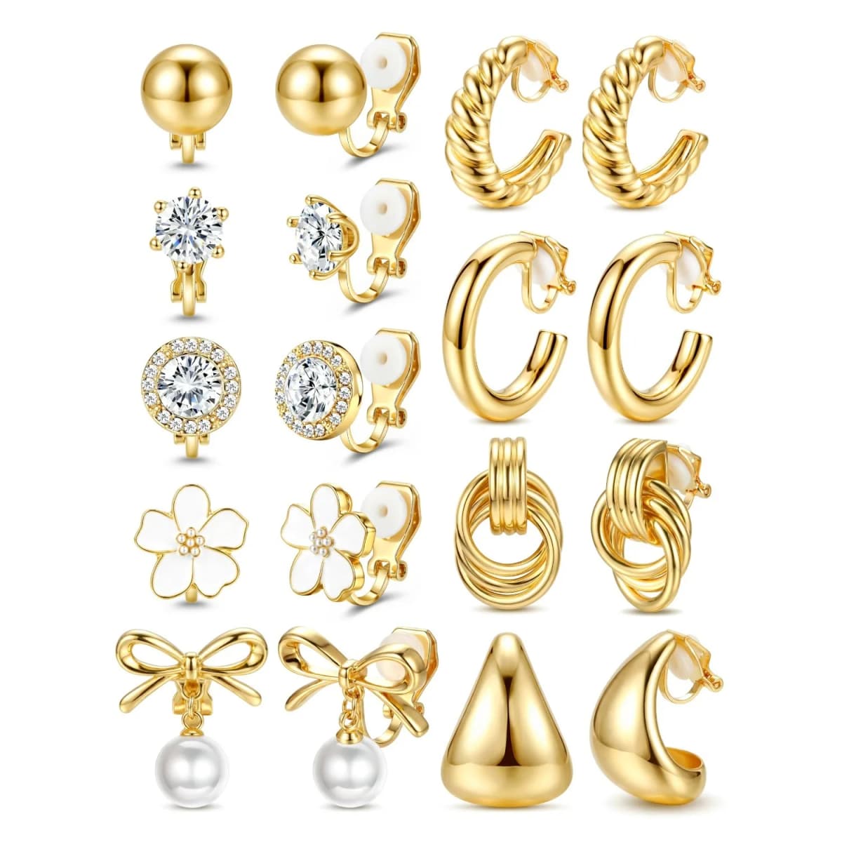 Clip On Earrings for Women 14K Gold Plated Clip Earrings Non Pierced Ears Clips CZ Pearl Knot Twist Chunky Hoop and Studs Earring Set Hypoallergenic Fake Earings Jewelry