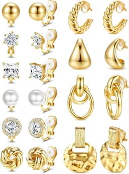 Clip On Earrings for Women 14K Gold Plated Clip Earrings Non Pierced Ears Clips CZ Pearl Knot Twist Chunky Hoop and Studs Earring Set Hypoallergenic Fake Earings Jewelry