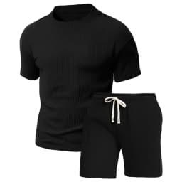 2-Piece Men's Round Neck Short-Sleeved Shorts Set, Textured Fabric Breathable and Sweat Wicking, Suitable for Outdoor Hiking, Travel, Fitness and Other Sports in Summer with Casual Sports T-Shirt Set