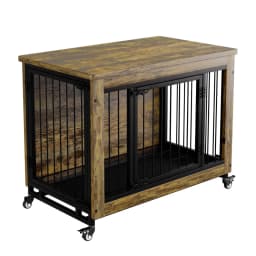 38 Inch Dog Crate Furniture Wooden Dog Kennel End Table with 3 Doors Locking Wheels Removable Tray Divider Indoor Pet Cage Side Table for Small Medium Dogs Retro Brown