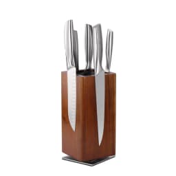 1Pc 360°Rotating Magnetic Knife Block Wood Universal Knife Holder 4‑Side Ultra‑Strong Magnets Knife Storage Rack with Removable Bristles Multifunctional Kitchen Countertop Knife Organizer