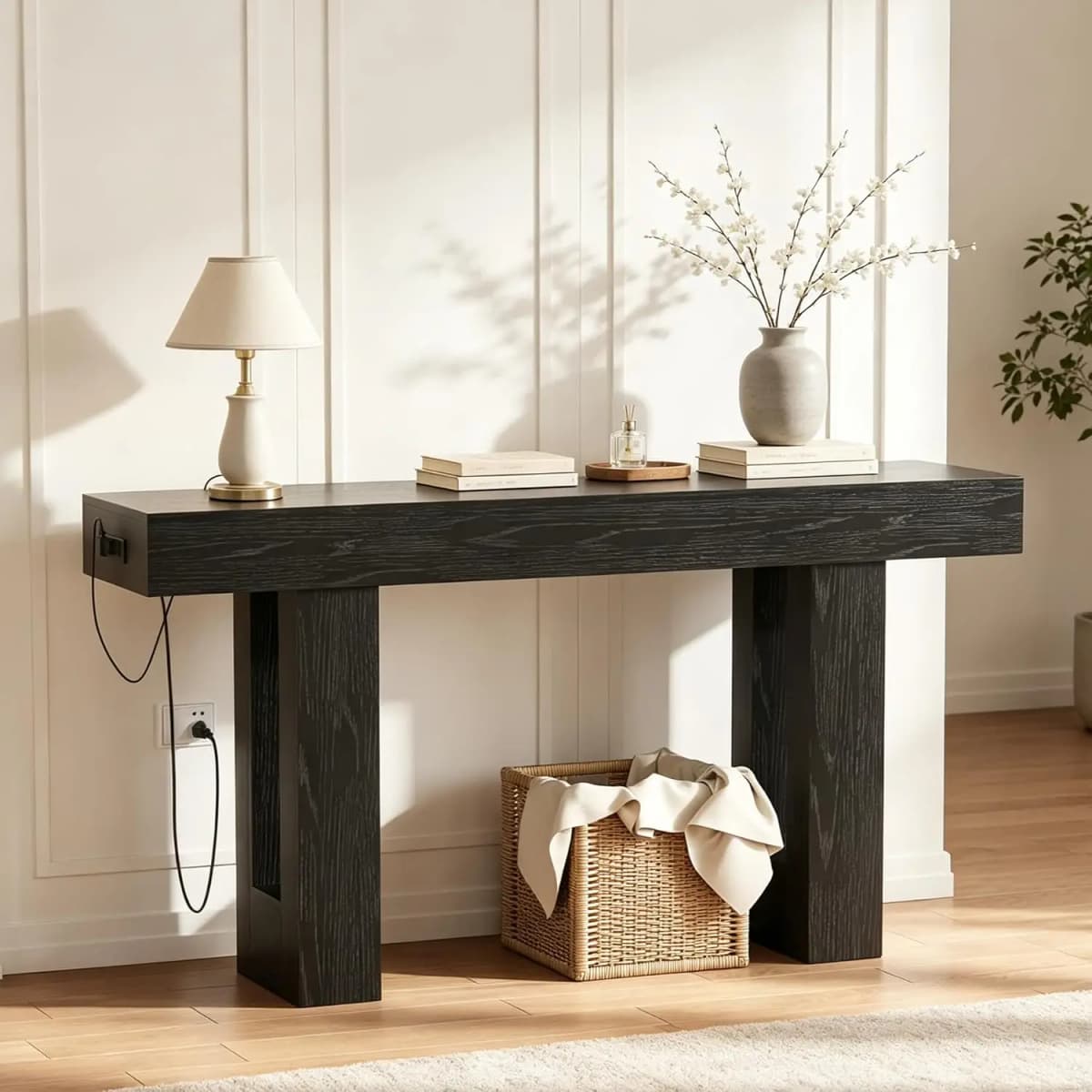 63" Console Table with Power Outlets, Thick Block Entryway Table Narrow Behind Couch Sofa Table, Modern Farmhouse Hallway Table for Living Room, Foyer, Black