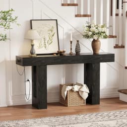 63" Console Table with Power Outlets, Thick Block Entryway Table Narrow Behind Couch Sofa Table, Modern Farmhouse Hallway Table for Living Room, Foyer, Black