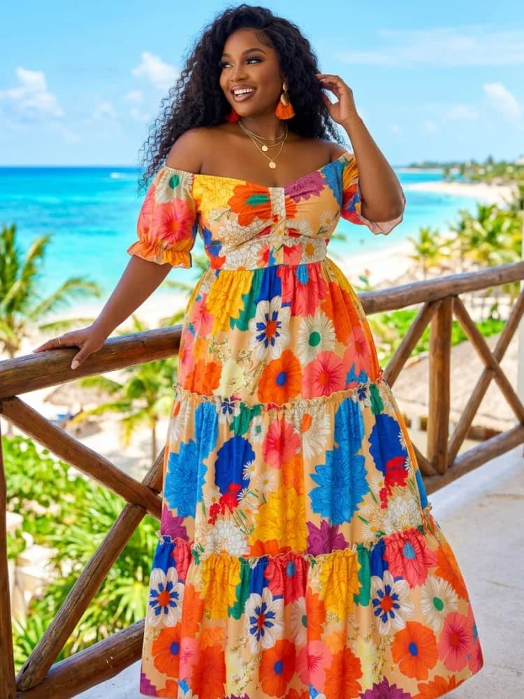 Plus Size Off Shoulder Short Puff Sleeve Tiered Maxi Dress For Women Beach Vacation Daily Bohemian Style Long Dress