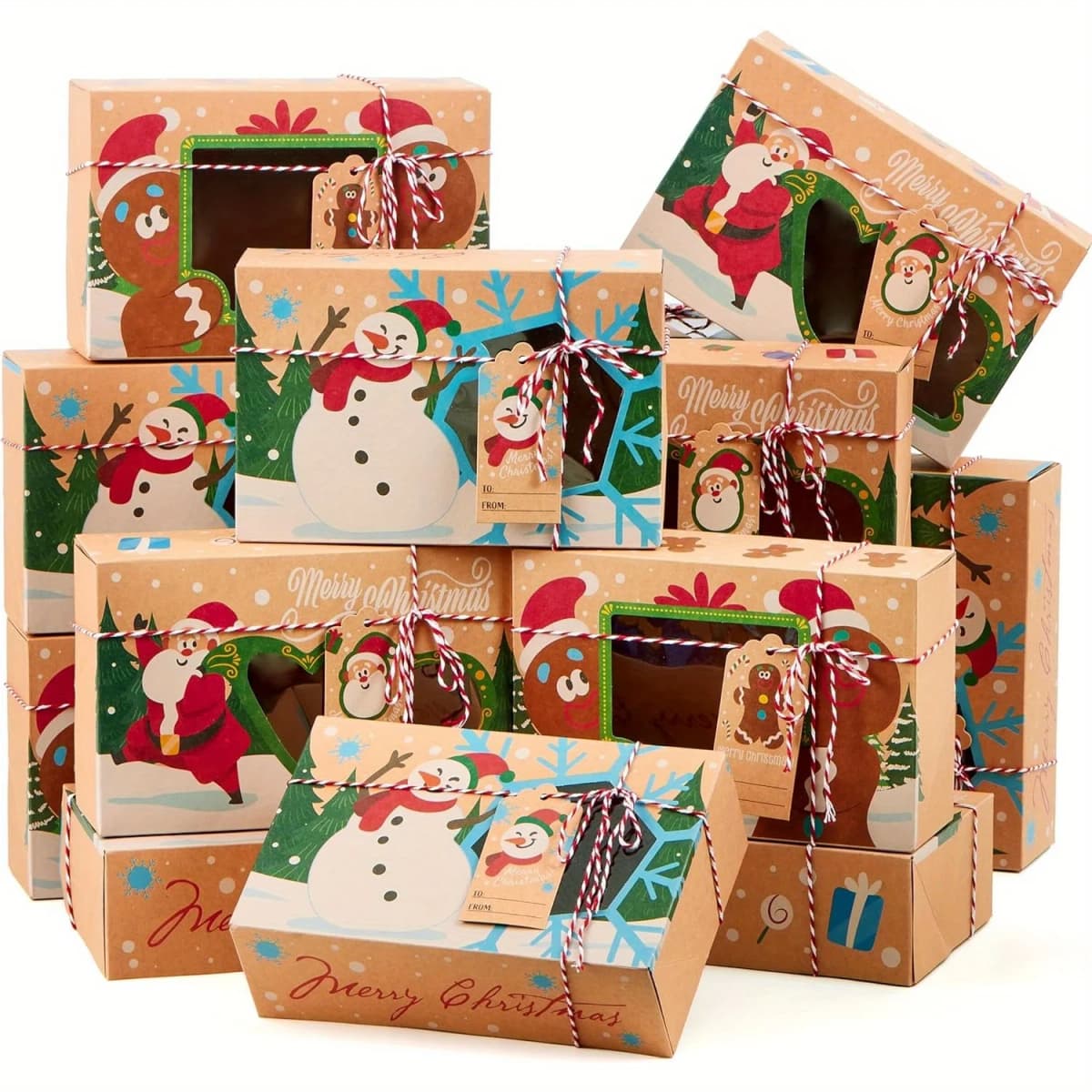 24 PCS Christmas Cookie Gift Baking Box 8.75"x 5.75"x 2.75"with Window Auto-Popup Xmas Holiday Treat Boxes Containers with Tags for Party Favor Pastries, Cupcake, Brownies, Donut Gift-Giving, Box Packs
