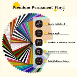 HTVRONT Permanent Vinyl 57 Pack 12"x12", Compatible with Cricut Machine Waterproof Vinyl Sheets 52 Pcs & 5 Transfer Tapes, for Stickers, Decals, Party Decor, Compatible with Cricut & Silhouette