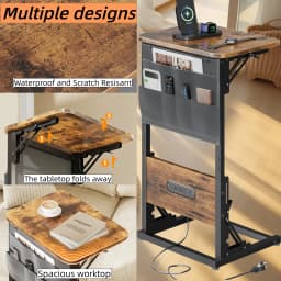 Height Adjustable C Shaped End Table with Charging Station Foldable Couch Side Table with Storage Bag 2 AC Outlets 2 USB Ports for Bedroom Living Room