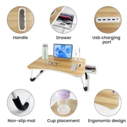 Oversized Foldable Laptop Desk Adjustable Wooden Bed Tray Table Portable Notebook Computer Stand with Cup Holder Drawer USB Fan Light Tiltable Lap Desk Space Saving Study Reading Table for Sofa Bed Students