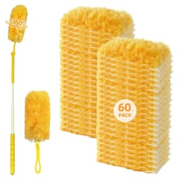 Heavy Duty Duster Refills, Disposable Dusters Kit for Cleaning Dusting Furniture Blind Ceiling Fan, Multi Surface 360 Feather Duster(60)+3FT Extended Handle +1 Handle