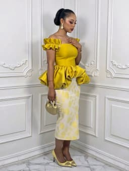 Women Off Shoulder Ruffle Sleeve Polka Dot Midi Dress Peplum Waist Bodycon Pencil Dress For Formal Evening Party Occasion