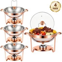 Chafing Dish Set Gold-Plated 5QT Round Warmer Server Stainless Steel 316 with Glass Lids – Premium Buffet & Hot Pot Serving for Parties Buffets Weddings Birthdays 1/2/4/6 Pack