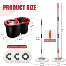 Spin Mop And Bucket, Mop And Bucket With Wringer Set 360° Spinning Mop Bucket With 3 Microfiber Mop Heads 61" Telescoping Handle For Office And Home Floor Cleaning (Black)