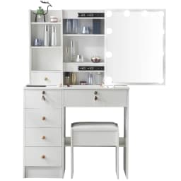 Makeup Vanity Desk Set with Mirror & Cushioned Stool, 10 LED Hollywood Lights Dressing Table, 6 Drawers Large Storage Bedroom Vanity Table for Women Cosmetic Makeup Station