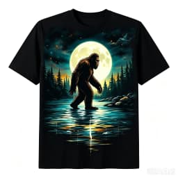 Bigfoot Night Moon Forest Lake Graphic T‑Shirt, Sasquatch Wilderness Nature Novelty Tee, Casual Short Sleeve T‑Shirt For Men