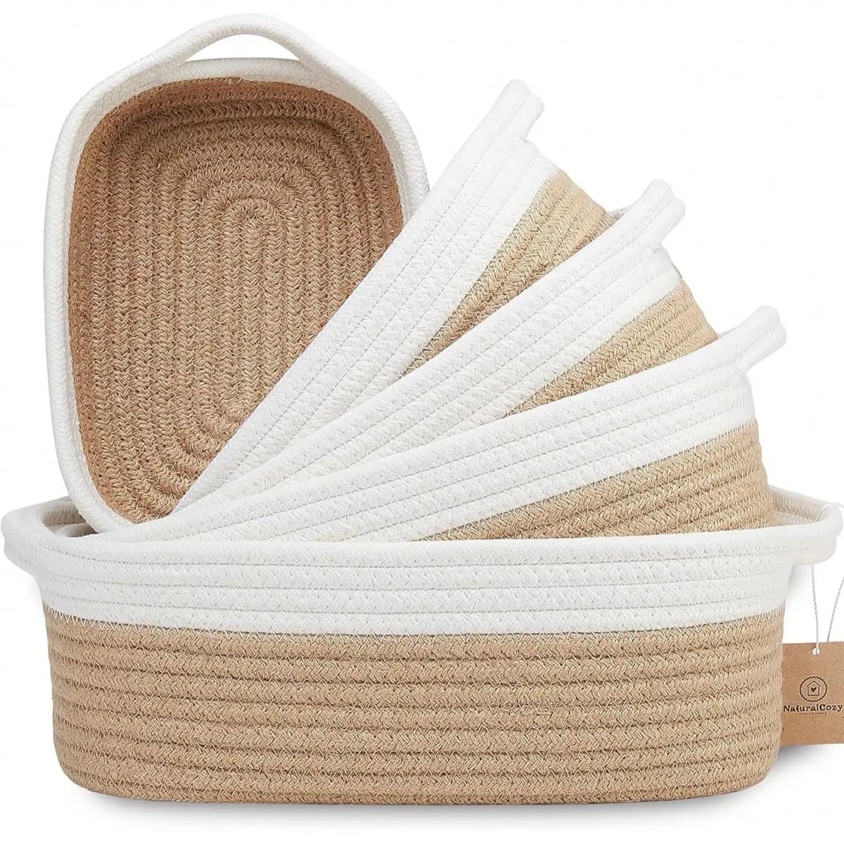 5 Pack Natural Cotton Rope Storage Baskets, Woven Organizer Bins For Nursery, Pet Toys, Bathroom & Montessori