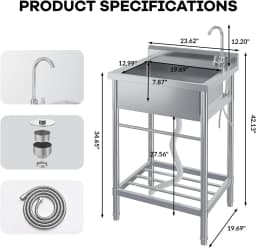 Stainless Steel Simple Wash Basin w/Hot & Cold Faucet Supply Lines Drain Kit Storage Shelf Vegetable Washing Household Single Slot Bracket Dishwasher Kitchen Sink Shelf