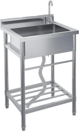 Stainless Steel Simple Wash Basin w/Hot & Cold Faucet Supply Lines Drain Kit Storage Shelf Vegetable Washing Household Single Slot Bracket Dishwasher Kitchen Sink Shelf