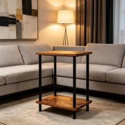 Industrial 2-Tier Side End Table, Rustic Wood Top Black Metal Frame Nightstand, Multifunctional Storage Side Table for Living Room Bedroom Sofa Corner Small Space