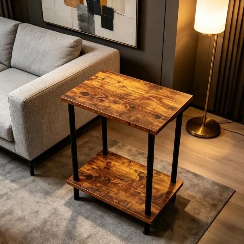 Industrial 2-Tier Side End Table, Rustic Wood Top Black Metal Frame Nightstand, Multifunctional Storage Side Table for Living Room Bedroom Sofa Corner Small Space