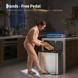 Dual Kitchen Trash Can 13.2 + 5.2 gal (50+20L) Stainless Steel Trash Cans with Soft Close Lid Large Double Garbage and Recycling Bin with 2 Removable Inner Buckets Step-on Metal Garbage Cans Silver