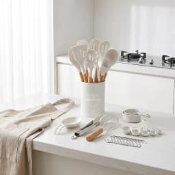 Zoyiancy 33-Piece White Silicone Kitchen Utensil Set with Natural Wood Handles, Nonstick Cooking Tools Holder and Measuring Spoons Cups Accessories