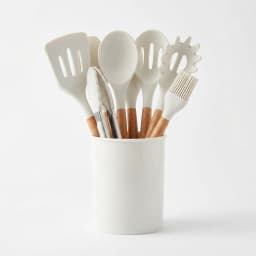 Zoyiancy 33-Piece White Silicone Kitchen Utensil Set with Natural Wood Handles, Nonstick Cooking Tools Holder and Measuring Spoons Cups Accessories