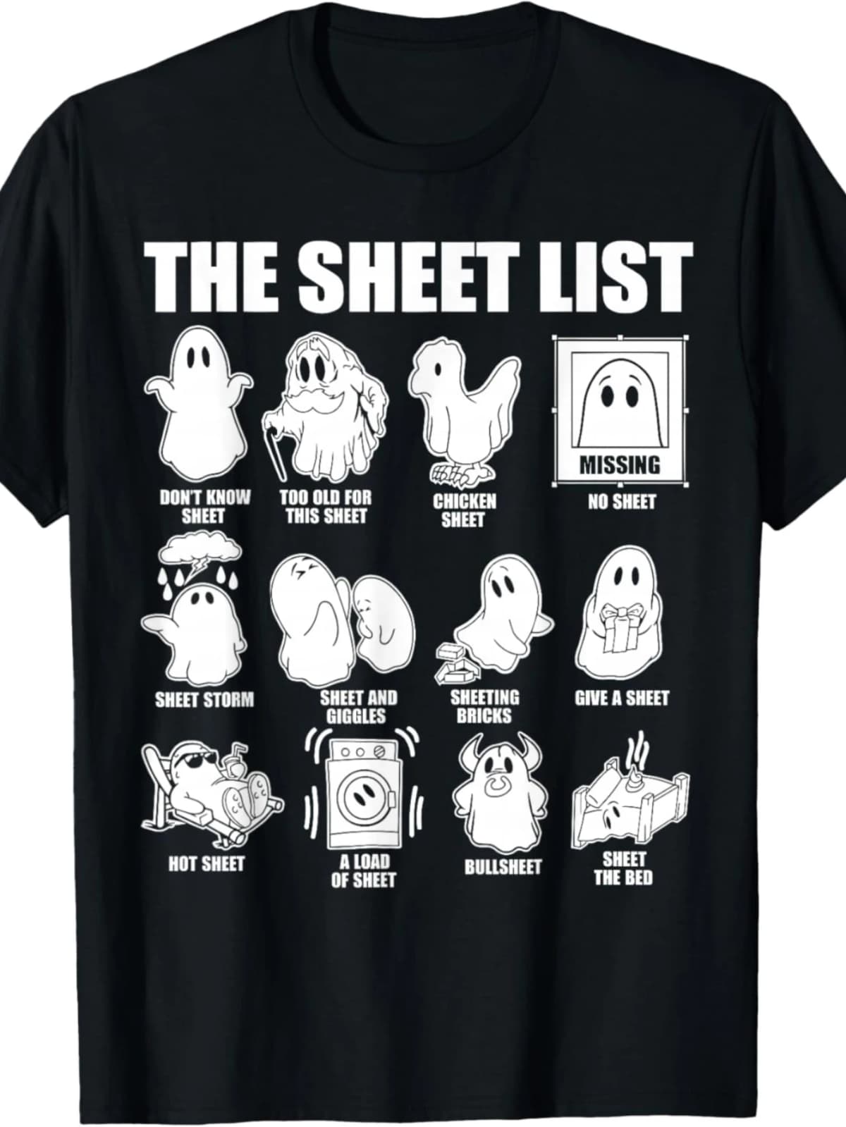 The Humorous Halloween T‑Shirt Features A Playful "Boo Sheet" Design In Soft Fabric With A Casual Crew Neck And Short Sleeves. This Trendy Top Is Available In A Slightly Stretchy And Regular Version In A Variety Of Sizes To Suit Different Body Types.