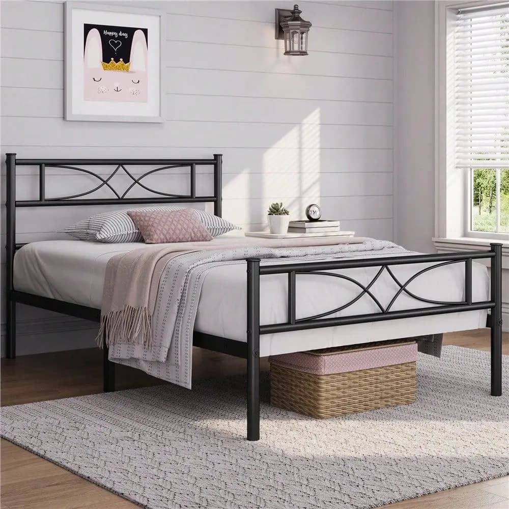 1PC 16.5inch Metal Platform Bed With Slat Support, No Box Spring Needed, Modern Bed Frame For Bedroom, Full Queen Size
