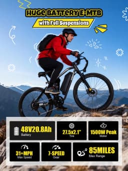 ESKUTE M200F Electric Bike for Adults – 27.5 inch Tire Mountain E-Bike, Brushless Motor, 48V 20.8Ah Removable Battery, Up to 80 Miles, Step Over Commuter E-MTB, Full Suspensions