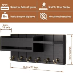 Wooden Wall Mounted Key Holder with 6 Hooks Storage Shelf Multifunctional Mail Sorter Entryway Organizer Rack Decorative Key Hanger for Hallway Door Living Room Space Saving Home Decor Accessories