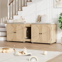 Garvee Multi-Functional Hidden Cat Litter Box Enclosure Furniture for 2 Cats, Rattan Doors, Storage End Table/TV Stand for Indoor Living Room or Bedroom 