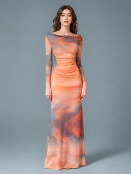 Women Mesh Maxi Dress Long Sleeve Boat Neck Ruched Bodycon Dress Sunset Tie‑Dye Print Sheer Mesh Slim Fit Evening Party Cocktail Long Dresses