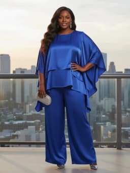 Plus Size Round Neck Cape Sleeve Top + Wide Leg Pants Suit For Women Formal Banquet Evening Party Two Piece Matching Outfit