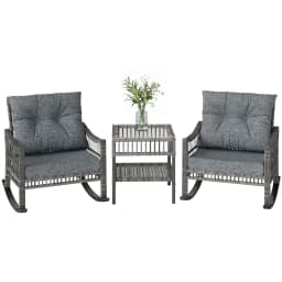 3 Pieces Pe Rattan Rocking Chair Set for Outdoor, Grey