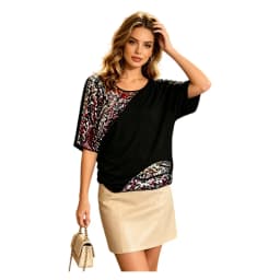 Women Black Colorful Sequin Patchwork T‑Shirt Short Sleeve Batwing Loose Tops Party Evening Casual Blouse