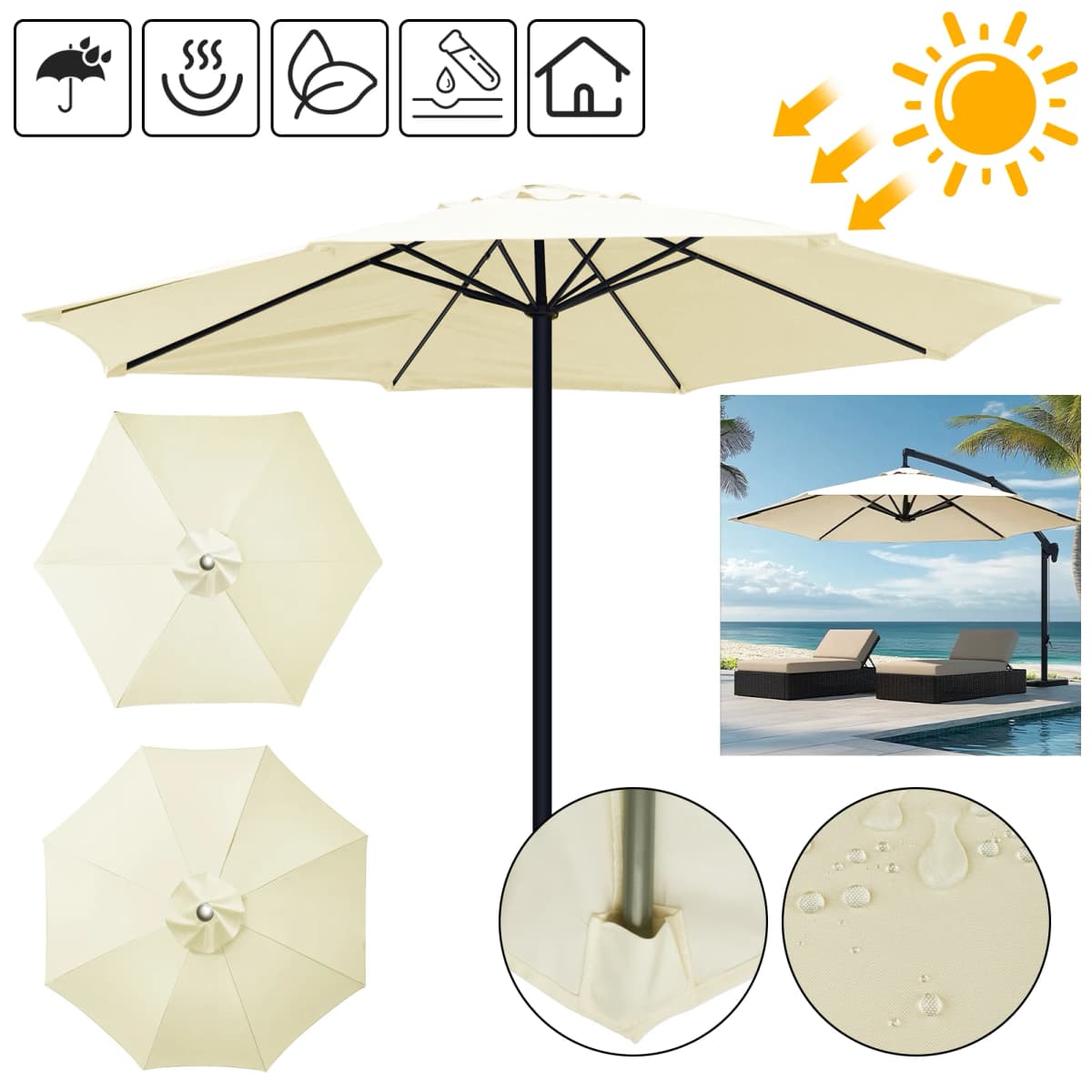 Replacement Canopy for 8 Ribs Umbrella Cover, Vented Top, Fits 8-Rib 2.7M/3M Patio Umbrella – Canopy Only