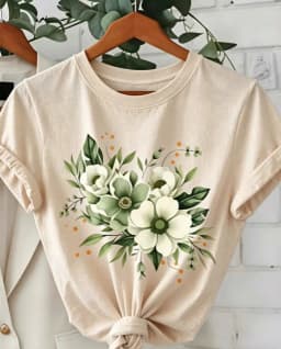 White‑Flower Green‑Leaf Floral Graphic Print Unisex Crew Neck Short‑Sleeve Pure‑Cotton Spring‑Summer Mother's‑Day Casual Everyday Wear Tee