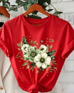 White‑Flower Green‑Leaf Floral Graphic Print Unisex Crew Neck Short‑Sleeve Pure‑Cotton Spring‑Summer Mother's‑Day Casual Everyday Wear Tee