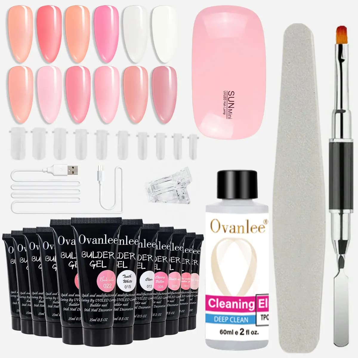 Ovanlee 18-in-1 Form-Free Polygel Nail Starter Kit – Portable UV Lamp Included, 12 Colors Hard Builder Gel with Slip Solution & Tips – Ultimate DIY Nail Extensions for Beginners