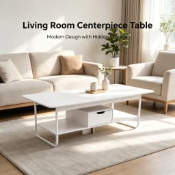 Modern Rectangular Coffee Table with Drawer & Bottom Shelf, 47.2x23.6x16.5in Side Table with 22 lbs Capacity, White PVC Veneered End Table for Living Room Office
