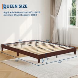 Queen Size Wood Platform Bed Frame 9in, Dark Walnut Low Profile Bed With Wood Slats, No Box Spring, Noise Free, 800 lb Support