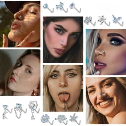 12Pcs Stainless Steel 20G Nose Rings L Shaped Nose Studs for Women CZ Heart Flower Leaf Moon Dangle Nose Studs Piercing Jewelry
