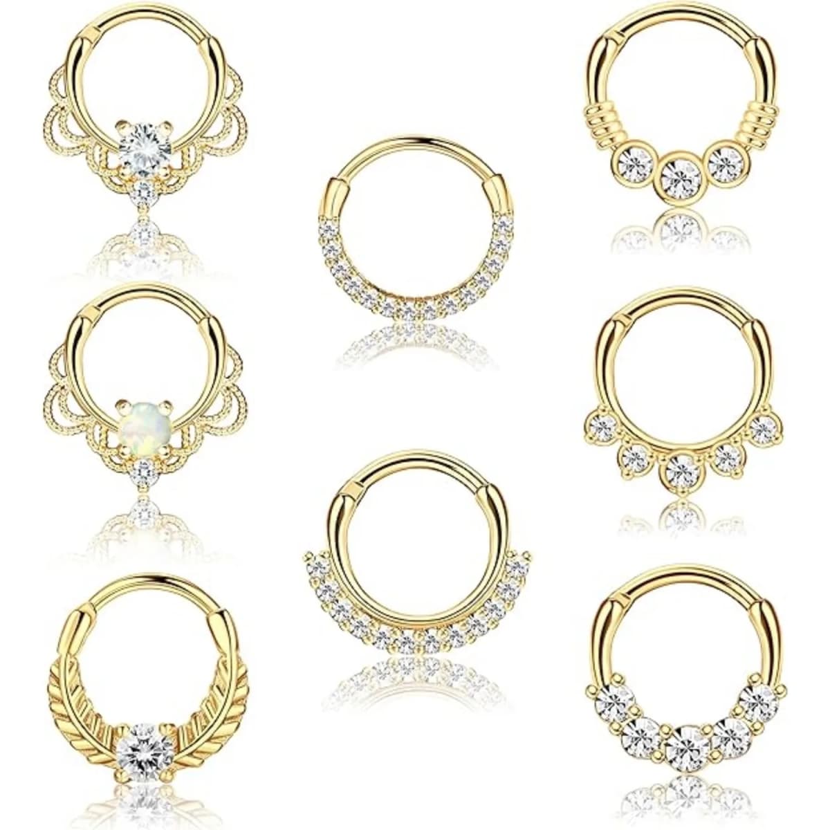 8PCS 16G Septum Clicker Ring Stainless Steel CZ Opal Cartilage Helix Hoop Daith Earrings Nose Rings Piercing Jewelry 10MM