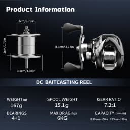 BILLINGS Baitcasting Reel DC Brake System 6KG Max Drag 167G Lightweight Baitcaster Fishing Reels 7.2:1 Gear Ratio 4+1BB Freshwater Casting Reel