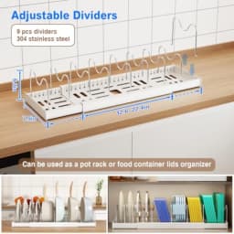 2 Pack Pots and Pans Organizer Under Cabinet, 22" Expandable Food Storage Container Lid Organizers with 9 Adjustable Dividers Pot and Pan Lid Holders Rack Inside Cabinet/Countertop(White)