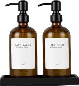 Amber Glass Soap Dispenser Set, 2 Pack 16 Oz Refillable Liquid Soap Dispenser with 304 Stainless Steel Pump and Tray