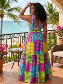 Women Plus Size Tie Strap Plaid Patchwork Crop Top + High Waist Tiered Long Skirt Set Elegant Color Block Outfit For Beach Vacation Party Occasion