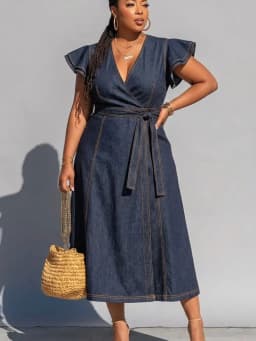 Plus Size V Neck Ruffle Sleeve Wrap Waist Midi Dress For Women Daily Vacation Outdoor Casual A Line Long Dress