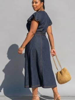 Plus Size V Neck Ruffle Sleeve Wrap Waist Midi Dress For Women Daily Vacation Outdoor Casual A Line Long Dress