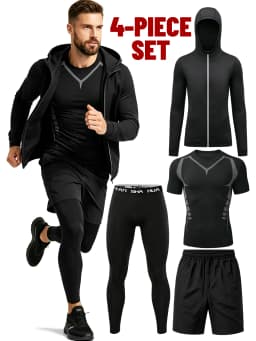 Men's 4 Piece Workout Set, T-Shirt Shorts Leggings Hoodie, Lightweight Quick Dry Breathable Gym Set, Ships from US